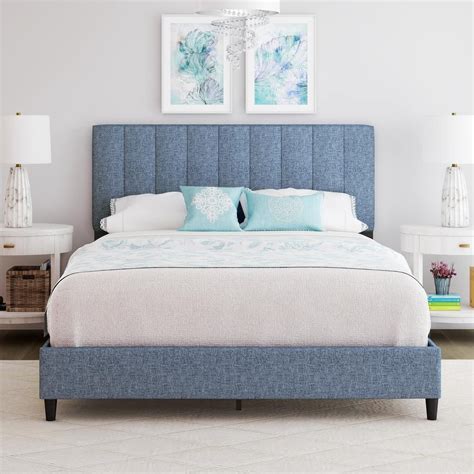 Babed Sleep Leah Linen Panel Upholstered Platform Bed Frame Blue Full LHBU DB The Home