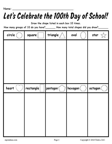 Printable 100th Day Of School Shapes Worksheet Supplyme