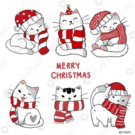Set Of Cute Christmas Kitten Cat Hand Drawing Clip Art Stock Vector