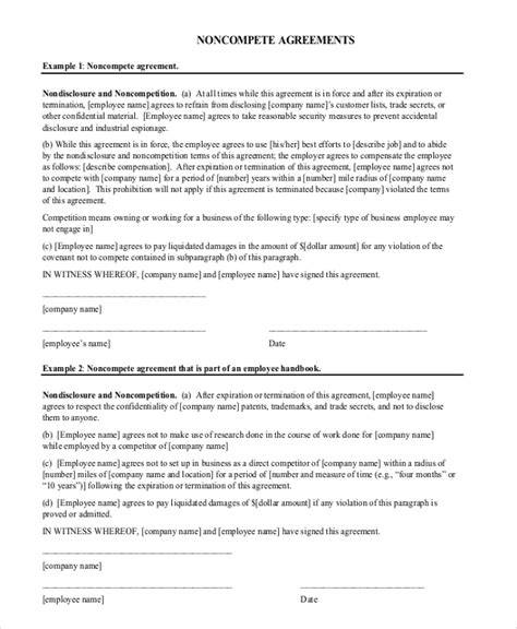compete agreement forms  sample