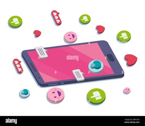 Isometric Smartphone With Social Media Bubbles Likes Emojis And Hearts