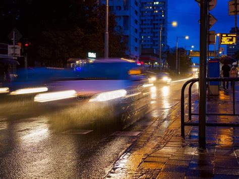 Rainy City Street At Night Night Traffic On Wet Road During Rain Stock