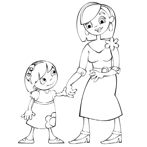 Dibujo De Una Mama Con Su Hija Tomadas De La Mano Para Colorear Y