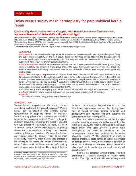 Pdf Onlay Versus Sublay Mesh Hernioplasty For Paraumbilical Hernia Repair