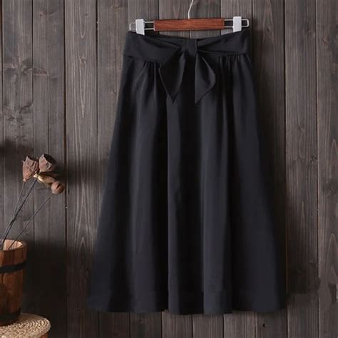Elegant Women Pleated Skirt Big Bow High Waist Knee Length A Line Skirt Vintage Red Black Side