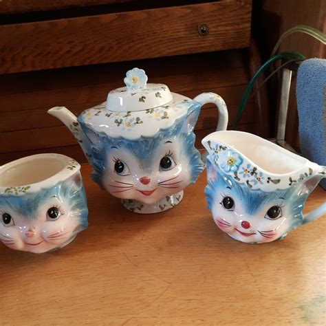 Vintage Lefton Miss Priss Teapot Creamer Sugar Blue Anthropomorphic Kitty Ebay