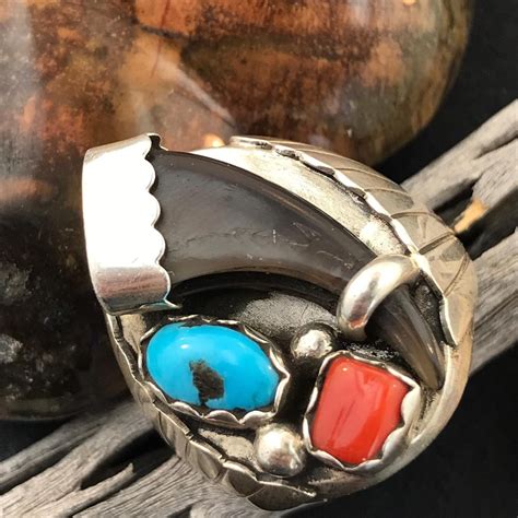 Vintage Mens Ring Bear Claw Turquoise Coral Sz Sterling Silver