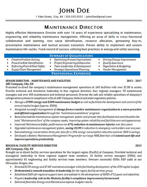 Use our examples to craft a resume that fits the job you want. Maintenance Resume Example - Maintenance Director Manager