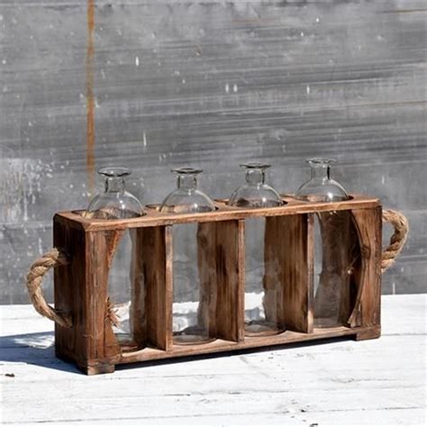 Four Glass Bottle Vases In Rustic Wooden Crate With Twine Handles Bottle Vase Wooden Crate