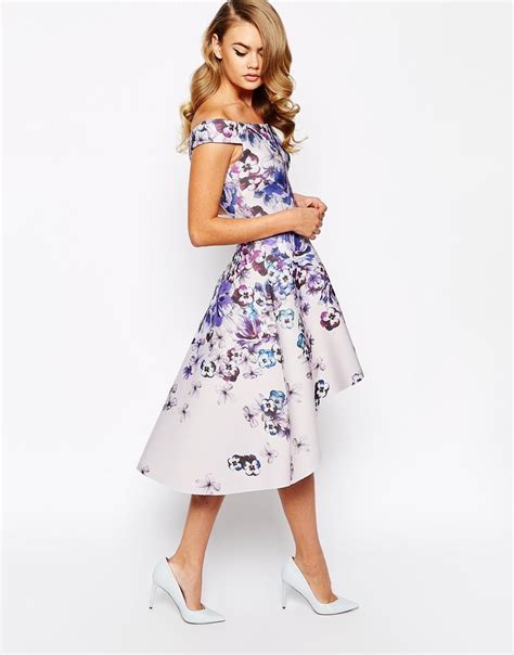 True Violet Printed Off Shoulder Prom Dress With High Low Hem At Asos