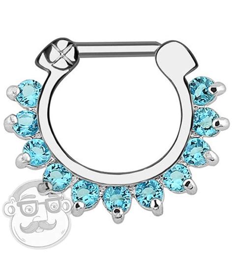 16g Aqua Pronged Gem Septum Clicker Ring Body Jewelry Septum Jewelry Bull Ring Piercing