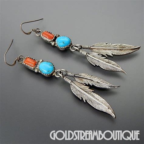 NATIVE AMERICAN NAVAJO STERLING SILVER CORAL TURQUOISE FEATHERS