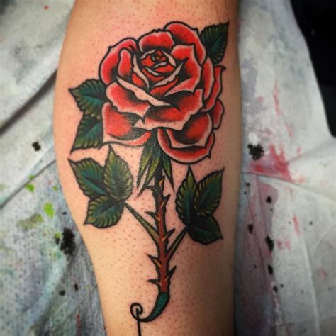 Long Stem Red Rose Tattoo On The Calf