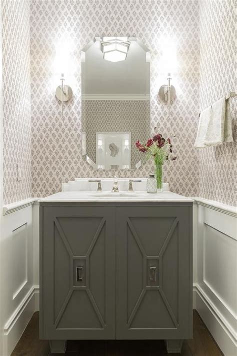 Lovely Powder Room Features Top Half Of Walls Clad In Gray Print