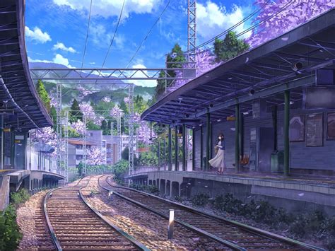 Download 2048x1536 Anime Train Station Girl Summer Purple Flowers