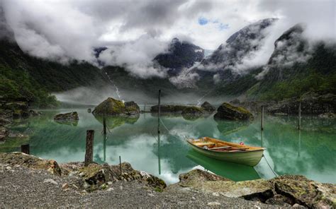 Nature Landscape Lake Boat Mountain Clouds Wallpapers