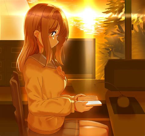 Wallpaper Illustration Long Hair Anime Girls Yellow Eyes Cartoon Skirt Sweater Love