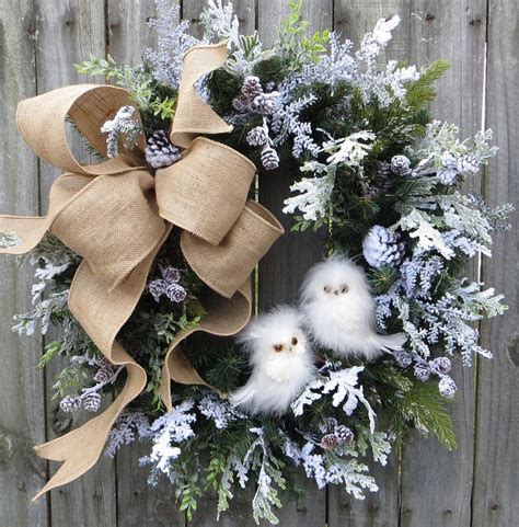 Christmas Wreath Winter Wreath Burlap Owl Wreath Snowy Greenery Snow
