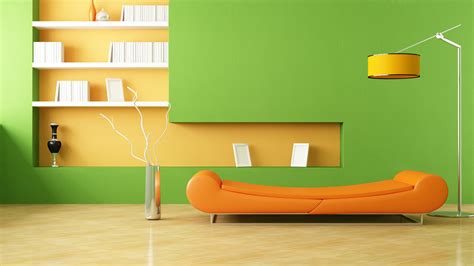 Brown brick wall, indoor, construction, interior, texture, lighting. Wallpaper Minimalist room, sofa, lamp, orange and green ...