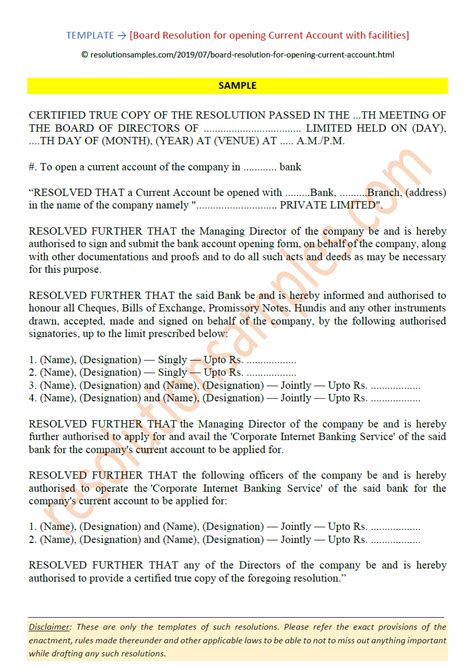 You can use it to define the people authorized to act on behalf of their corporation. Board Resolution for Opening a New Current Account with Bank