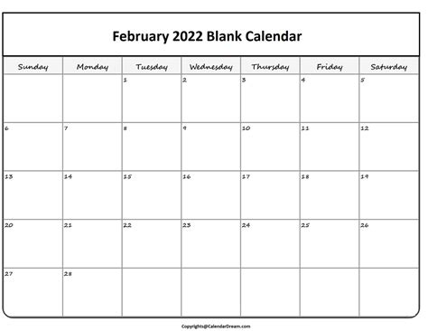 February 2022 Blank Calendar Calendar Dream