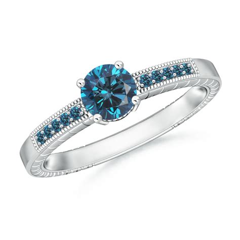 Round Blue Diamond Solitaire Ring With Milgrain Angara