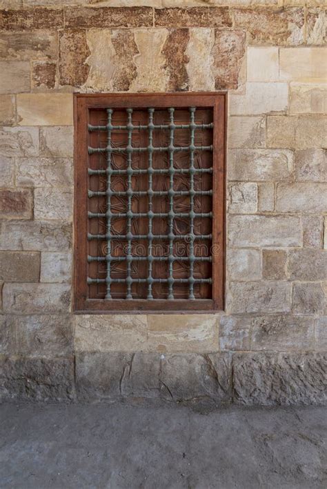 Mamluk Era Wooden Closed Window With Wooden Ornate Grid Over Stone