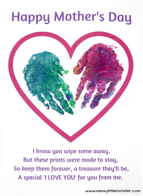 In its modern form it originated in the united states, where it is observed on the second sunday in may. Printable Mother's Day Cards - Just add handprints or ...