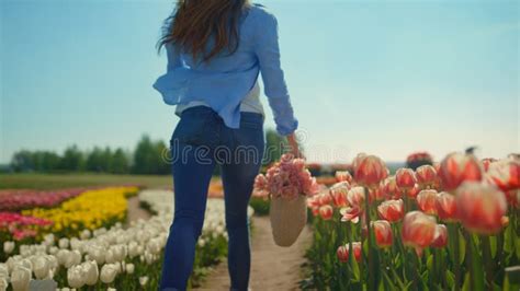 Happy Woman Running In Slow Motion In Tulip Field Pretty Girl Bringing