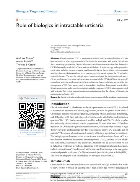 Pdf Role Of Biologics In Intractable Urticaria
