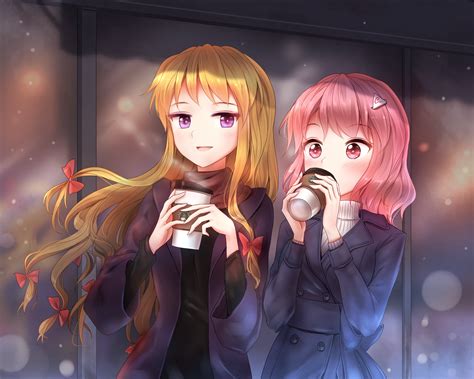Wallpaper Blonde Long Hair Anime Girls Coffee Pink