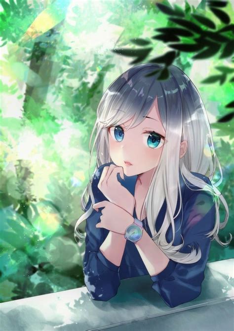 Anime Art~♡ Bishoujo Beautiful Anime Girl Silver Hair Forest