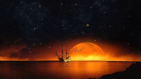 Download Wallpaper 1920x1080 Ship Starry Sky Night Sea