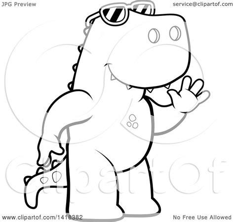 Cartoon Clipart Of A Black And White Lineart Friendly Tyrannosaurus Rex