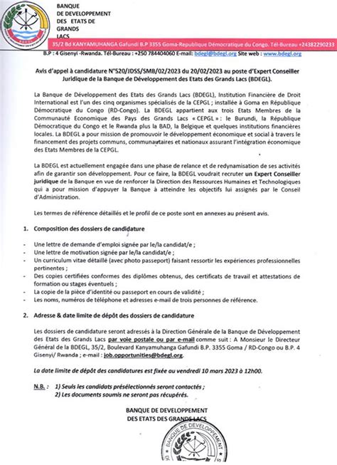 Mediacongo Net Offre D Emploi Expert Conseiller Juridique De La Bdegl