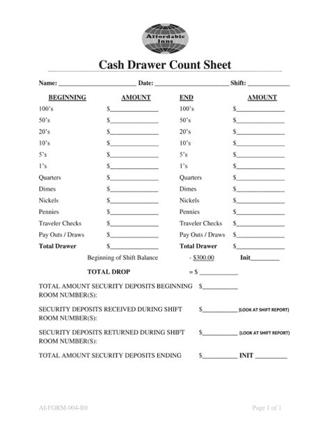Printable Cash Drawer Count Sheet Template Balance