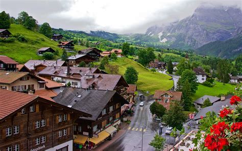 Papéis De Parede Grindelwald Suíça Cidade Estrada Vale Montanhas