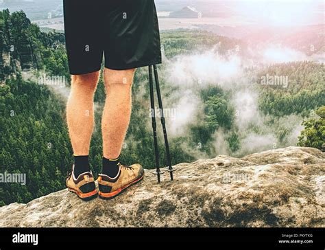 Hiker Legs Hiking In Fall Nature Guy Just Relax On Mountain Top And
