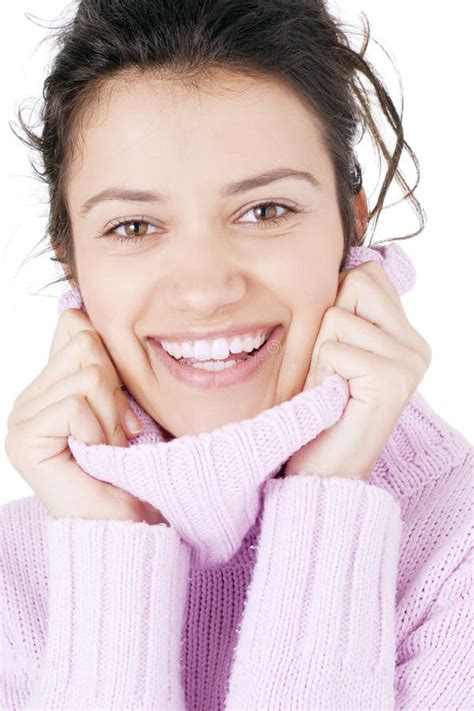 Beautiful Young Woman Holds Chin And Smiles Happy Stock Photo Image