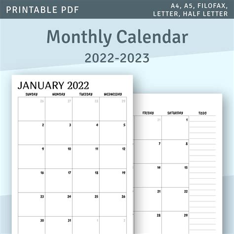Printable Calendar Monthly 2022 2023 Month On Two Page Etsy