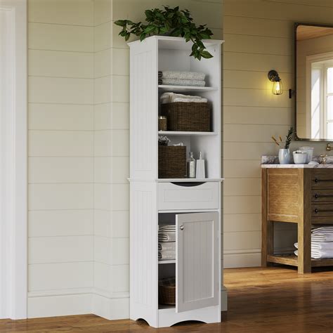 Boasting raised panel drawer fronts, a slatted cabinet door, crown molding along the top, and plank panelling, this piece has been skilfully designed to maximise storage space. RiverRidge Ashland Collection Tall Linen Cabinet for ...