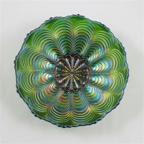 Antique Fenton Peacock Tail Green Carnival Glass Round Bowl Carnival Glass