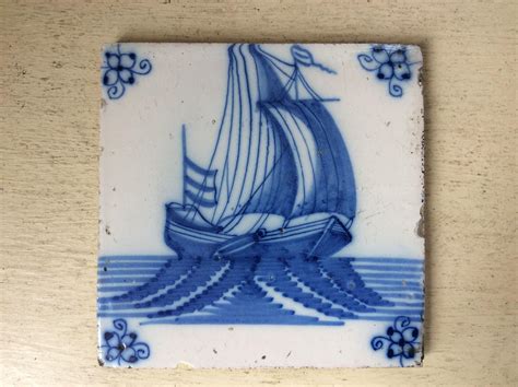 Nautical Antique Blue And White Dutch Delft Pottery Tile Handpainted