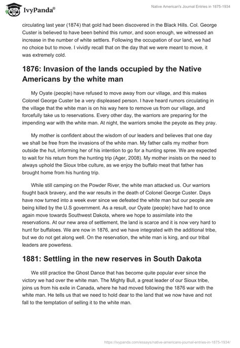 Native Americans Journal Entries In 1875 1934 1078 Words Essay Example