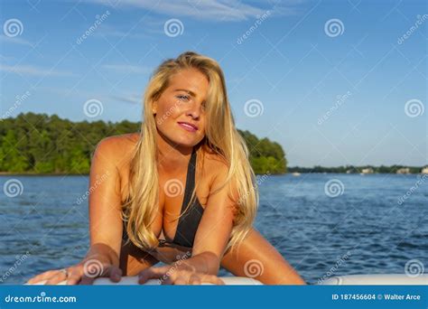 Beautiful Bikini Model Relaxing On A Boat Stock Photo Image Of Recreation Enjoyment