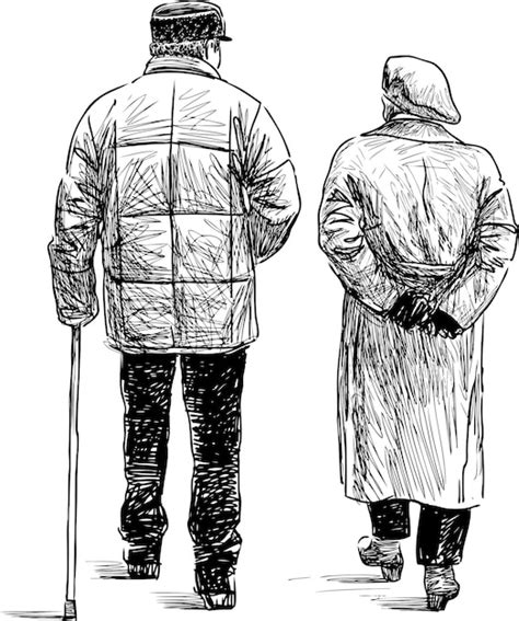 Dibujo Manual De Una Pareja De Ancianos Caminando Por La Calle Vector