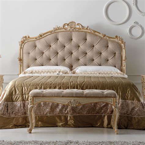 Carved Reproduction Rococo Italian Button Upholstered Bed Juliettes