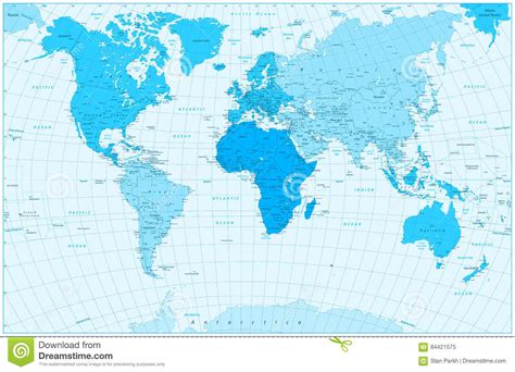 Large Detailed World Map And Continents In Colors Of Blue Stock Vector