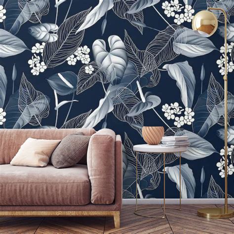 Floral Wallpaper Dark Navy Blue White Peel And Stick Wall Etsy