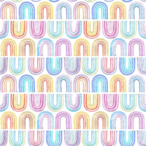 Watercolor Seamless Pattern Of Colorful Cartoon Style Rainbows Cute
